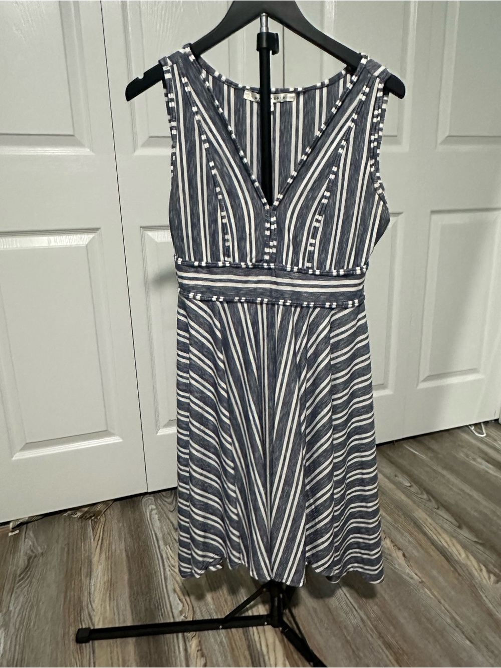 Max Studio Navy and White Striped V-Neck Midi Dress